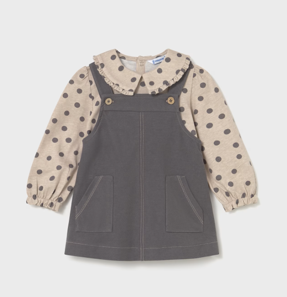 Mayoral Dungaree Dress & Polka Dot Top Set Style 2926 - Lead